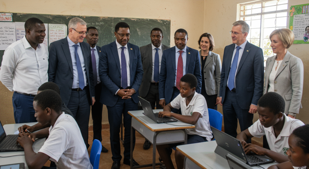 Corporate visitors interacting with students during an ICT training session.
