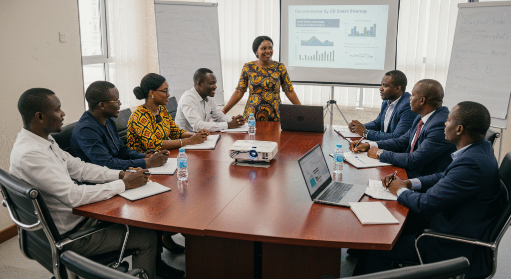 Corporate partners discussing technology-driven initiatives in Ghana.